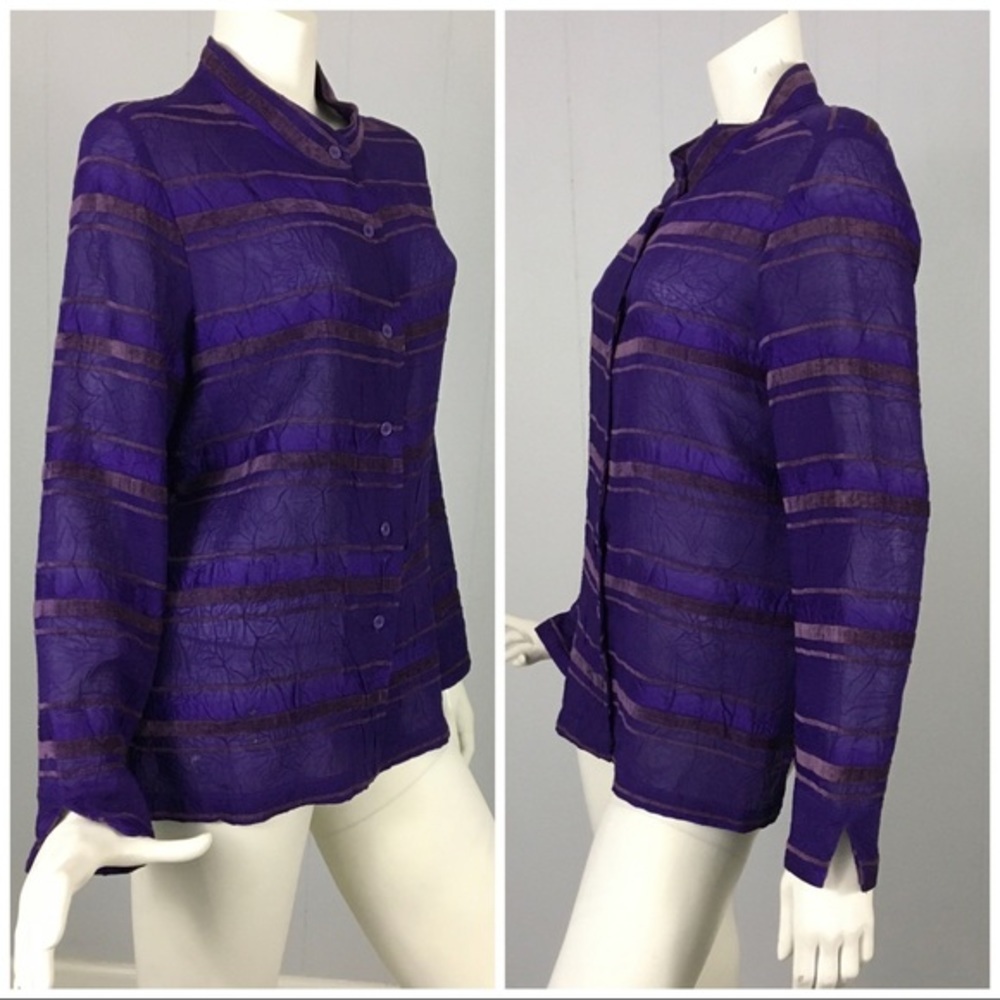 Analogy Royal Purple Shirt Top M Crinkle Velvet Sheer Woman’s Classy Dressy - Picture 2 of 9